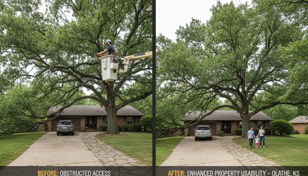 Arborist performing canopy lift for driveway clearance and tree balance in Olathe, KS tree trimming service