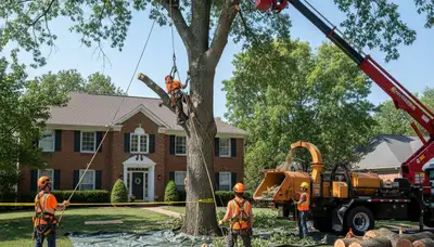 Arborists using bucket truck for large tree removal at a residential property in Olathe, KS