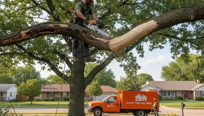 Arborist removing dead branches from mature tree using bucket truck in Olathe, KS tree trimming service