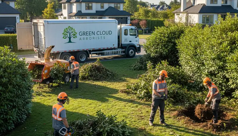 Professional shrub removal service in Olathe, KS clearing overgrown bushes and yard debris
