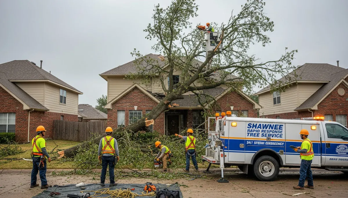 Emergency tree removal after storm damage in Shawnee, KS by professional Olathe tree service crew