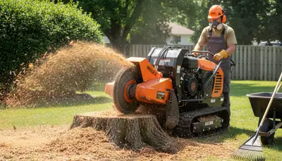 Professional stump grinding service removing old tree stumps in Shawnee, KS by Olathe tree removal experts