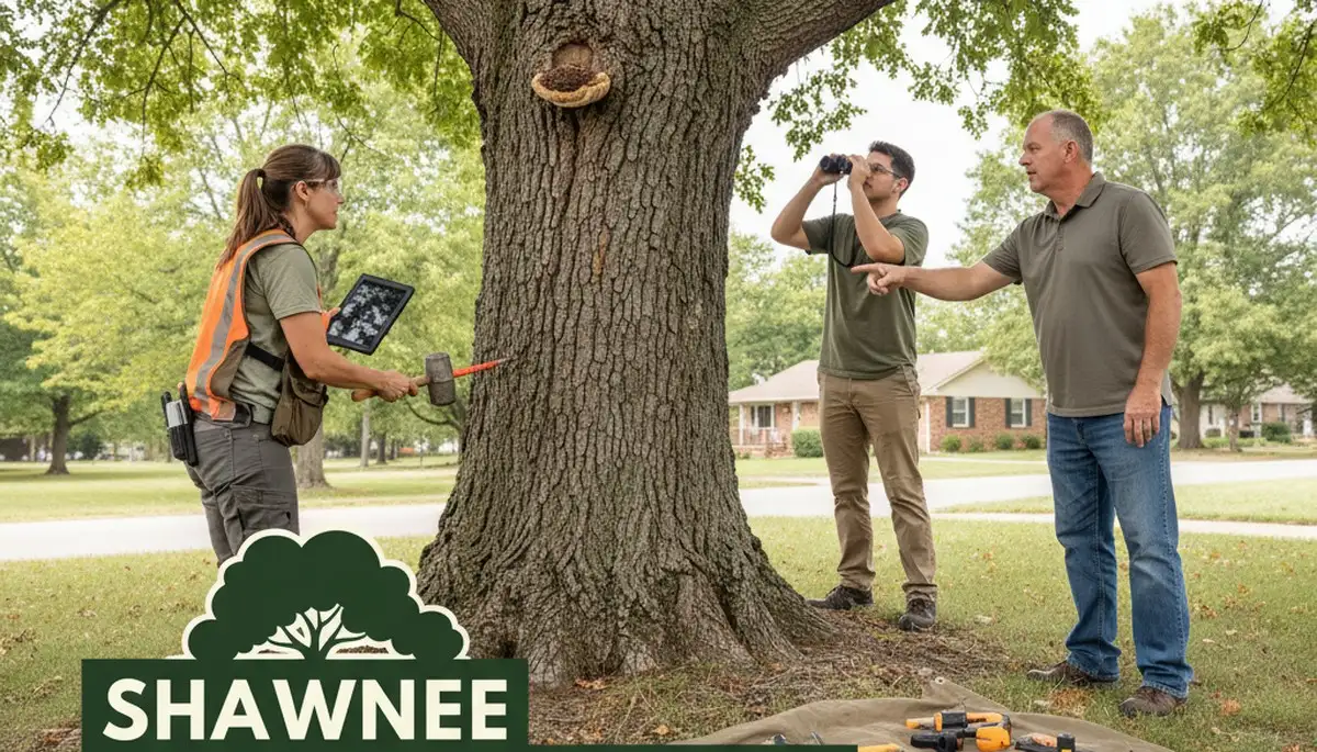 Certified arborist performing tree health assessment for homeowners in Shawnee, KS near Olathe tree service