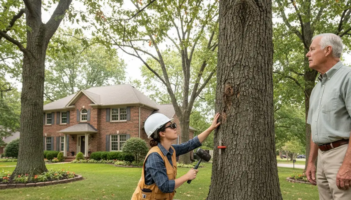 Certified arborist performing tree health assessment for homeowners in Shawnee Mission, KS
