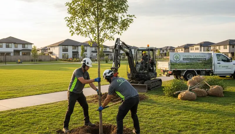 Arborist planting new tree in Olathe KS yard for Chop Chop Tree professional tree service