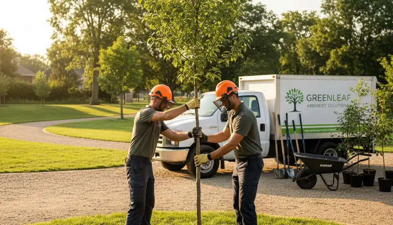 Arborist planting young tree in Olathe KS yard for Chop Chop Tree professional tree service