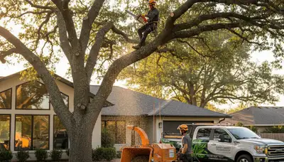 Arborist pruning oak tree branches in Olathe, KS for Chop Chop Tree professional tree service