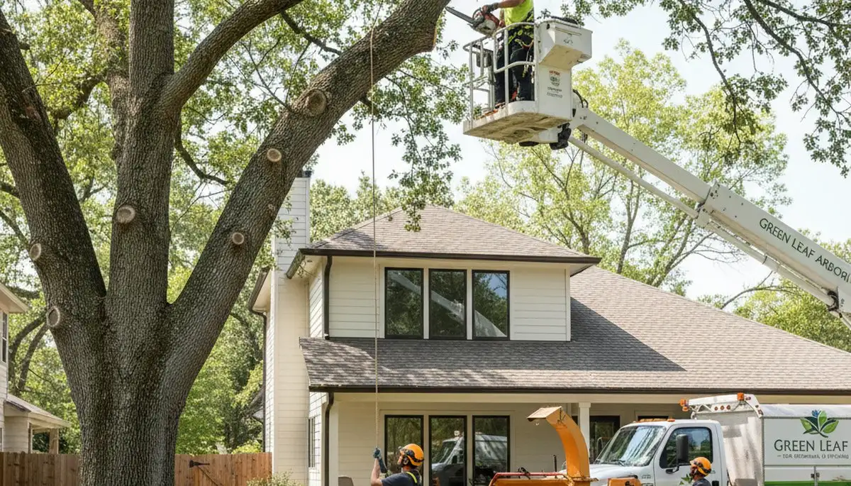 Arborist pruning oak tree branches in Olathe, KS for professional tree health and crown maintenance