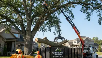 Professional tree removal team cutting down large oak in residential yard, Olathe KS