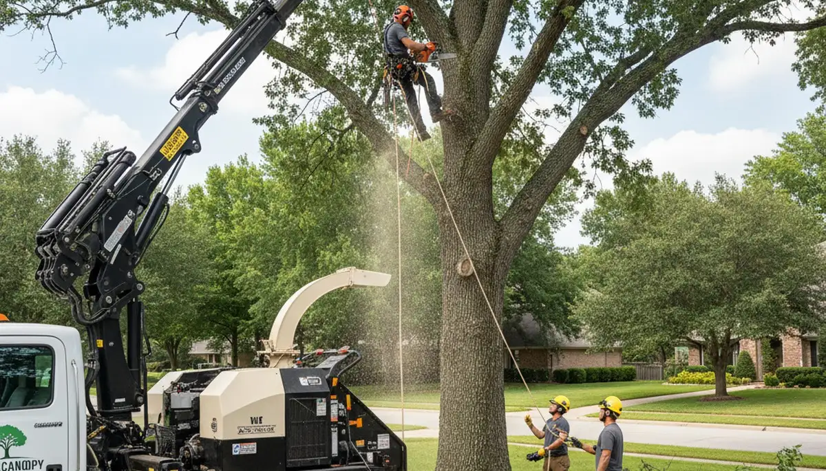 Professional tree removal team clearing large oak in Olathe, KS for residential tree service