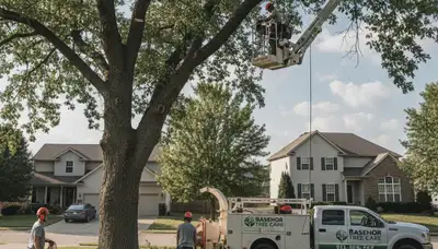Professional tree removal service in Olathe, KS safely cutting down large oak tree
