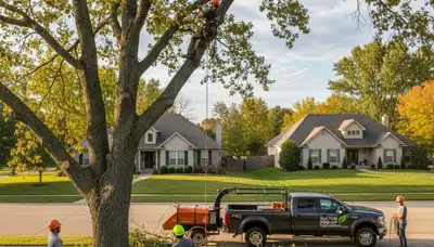 Professional tree removal service in Olathe, KS safely cutting down large oak tree