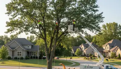 Professional tree removal service in Olathe KS safely cutting down large backyard tree