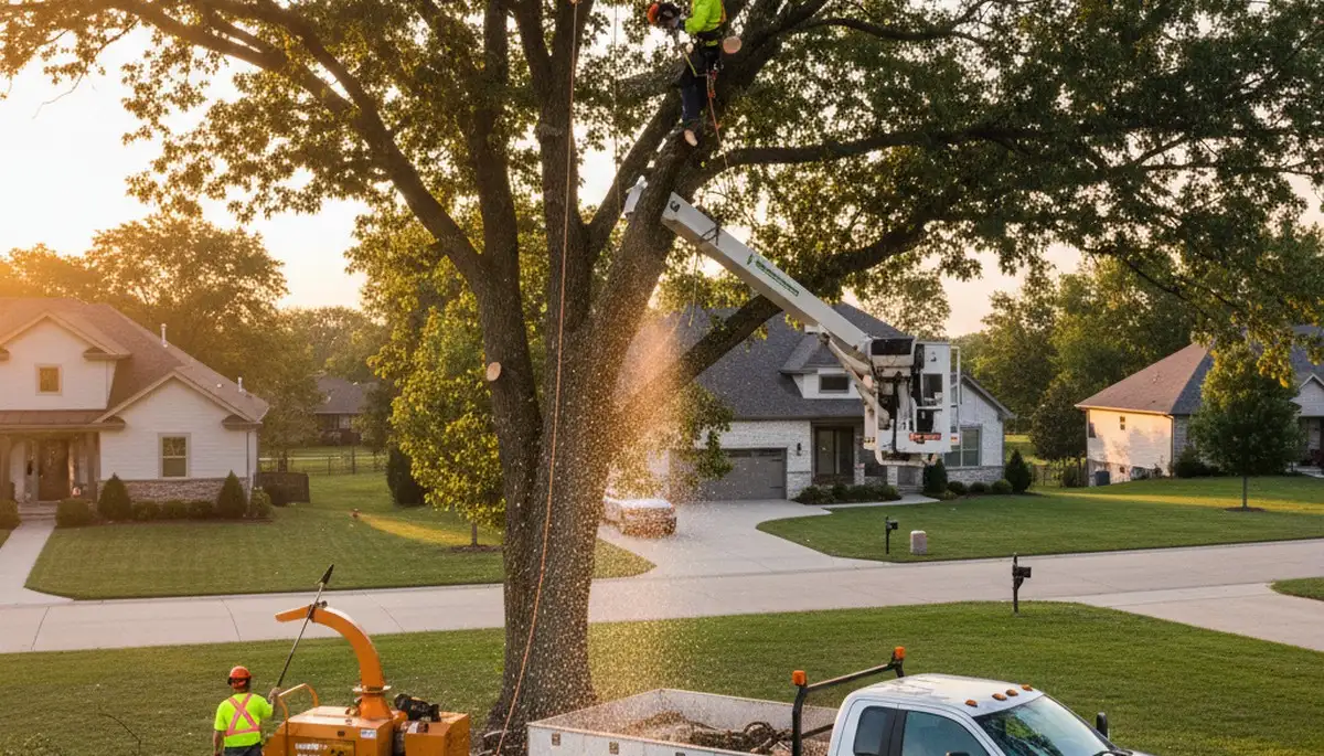 Professional tree removal service in Olathe, KS safely cutting and clearing large backyard trees
