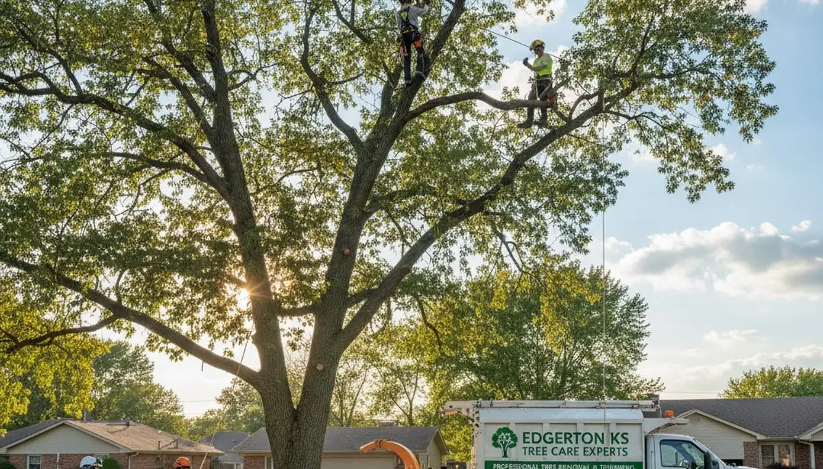 Professional tree removal crew working safely in Olathe, KS residential neighborhood