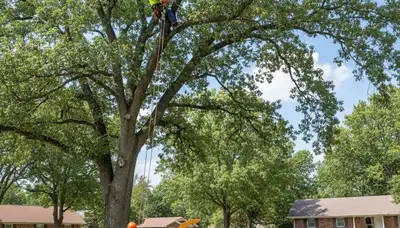 Professional tree removal service in Olathe KS safely cutting and clearing large oak tree