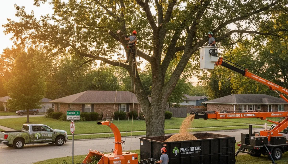 Professional tree removal service in Olathe KS safely cutting and clearing tall residential trees