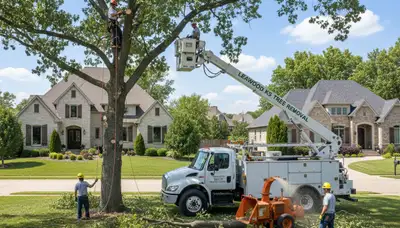 Professional tree removal service in Olathe KS safely cutting and clearing large backyard trees
