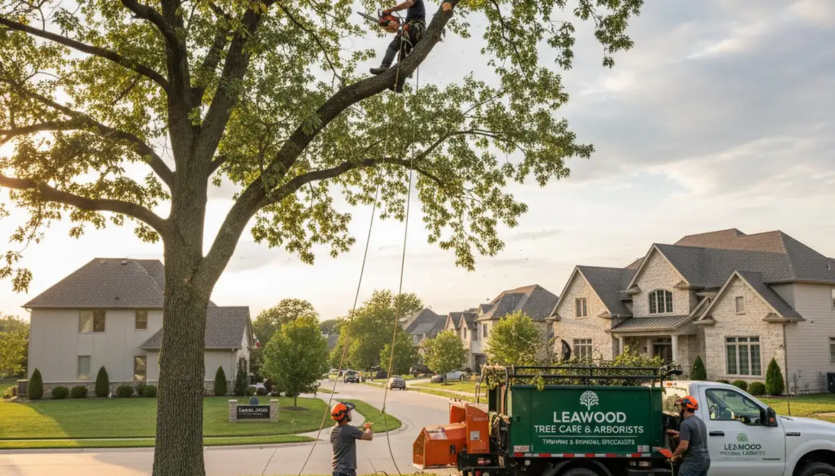 Professional tree removal crew working safely in Olathe, KS yard