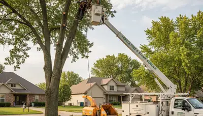 Professional tree removal service crew working safely in Olathe, KS residential neighborhood