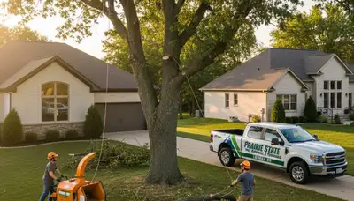 Professional tree removal service in Olathe KS safely cutting and hauling large oak tree