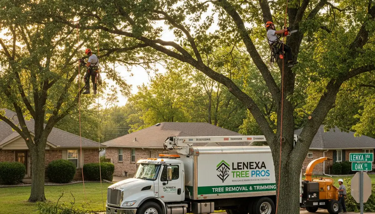 Professional tree removal service crew working safely in Olathe, KS neighborhood yard