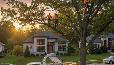 Professional tree removal service team working safely in Olathe, KS neighborhood yard