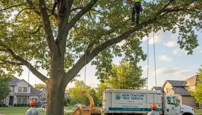 Professional tree removal service in Olathe, KS safely cutting down large oak tree