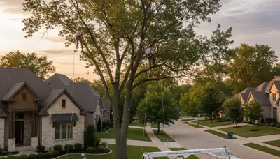 Professional tree removal service crew in Olathe, KS clearing large oak tree safely