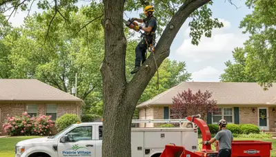 Professional tree removal service in Olathe, KS safely cutting down damaged oak tree