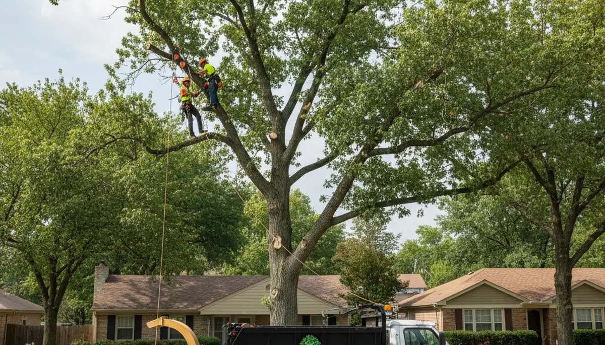 Professional tree removal service crew working safely in Olathe, KS yard