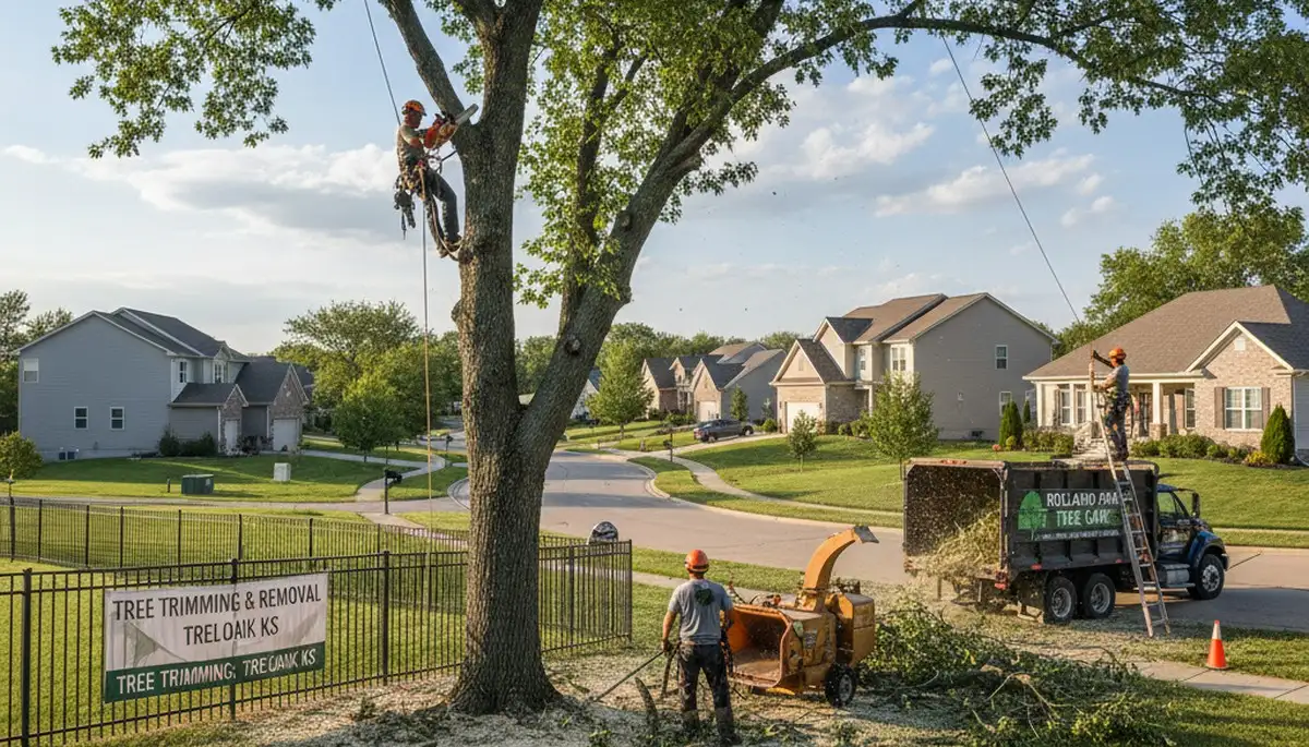 Professional tree removal service in Olathe, KS safely cutting and clearing large oak trees