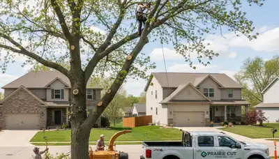 Professional tree removal service in Olathe, KS safely clearing large oak trees